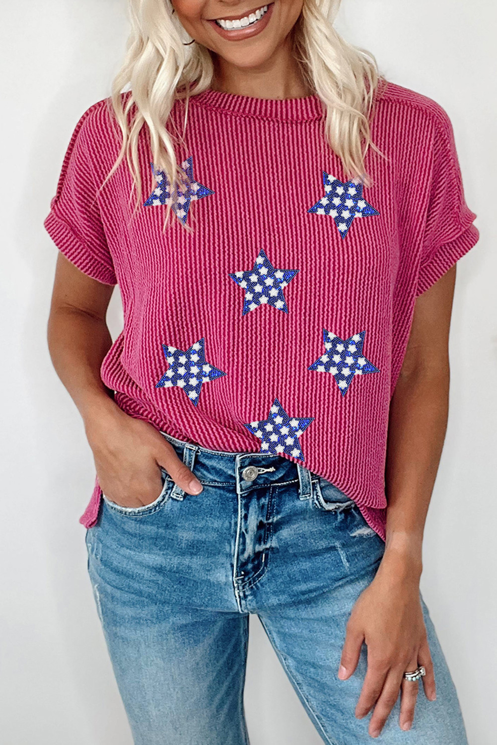Rose Red Sequin Star Graphic Corded Side Split Patriotic T Shirt