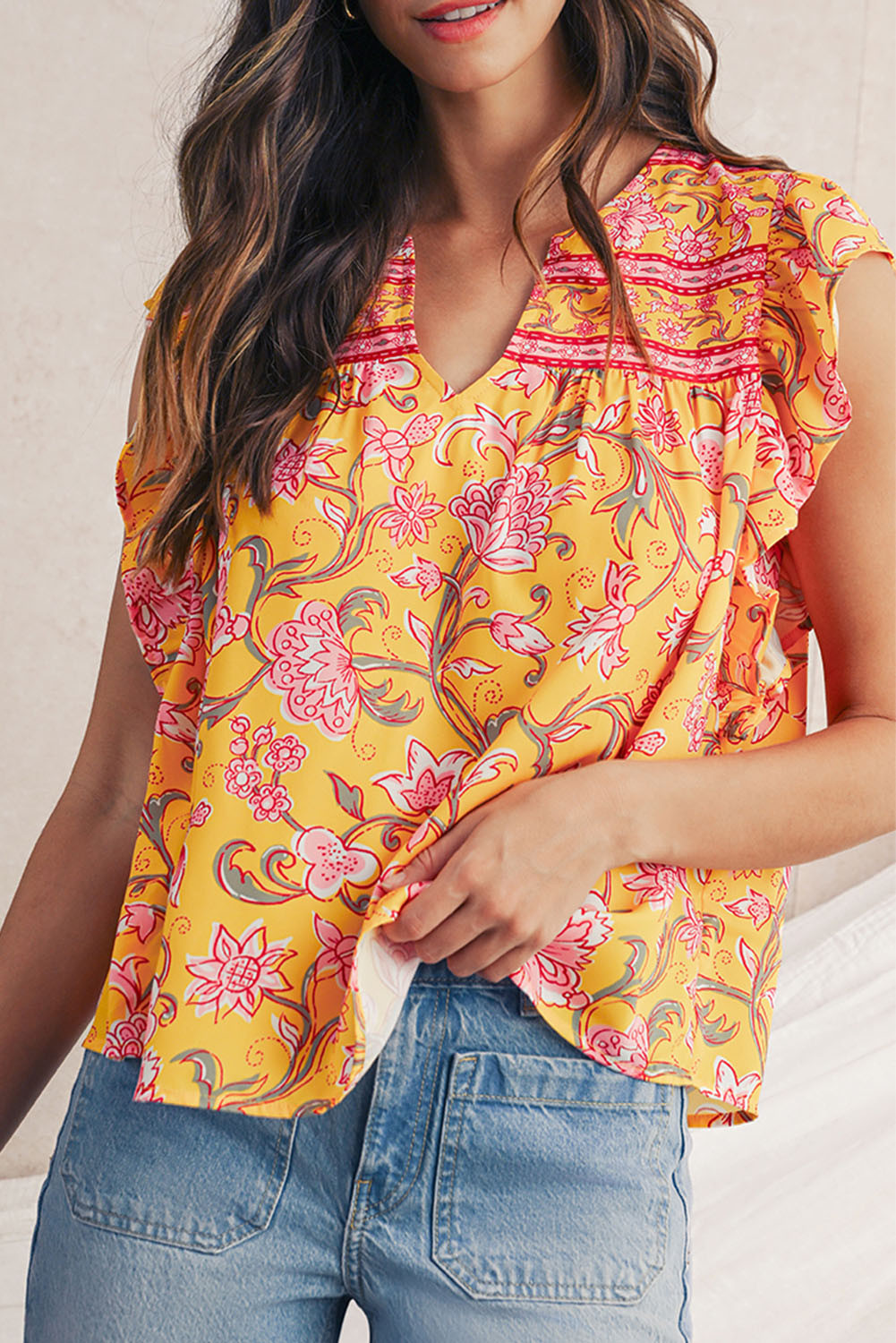 Yellow Floral Ruffle Shoulder V Neck Flowy Blouse