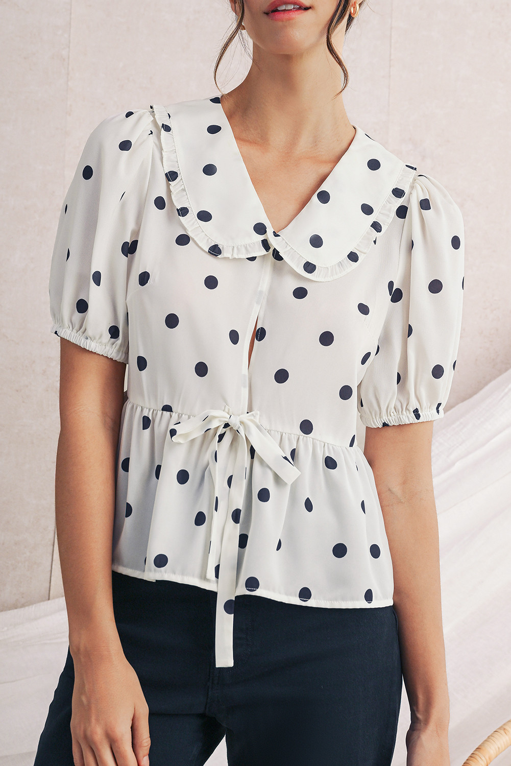 White Polka Dot Peter Pan Collar Bow Front Blouse
