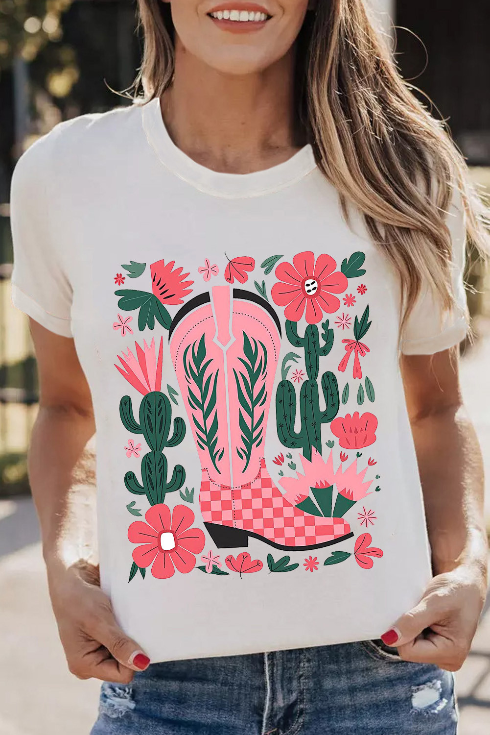 White Boots Flower Print Round Neck Graphic T Shirt