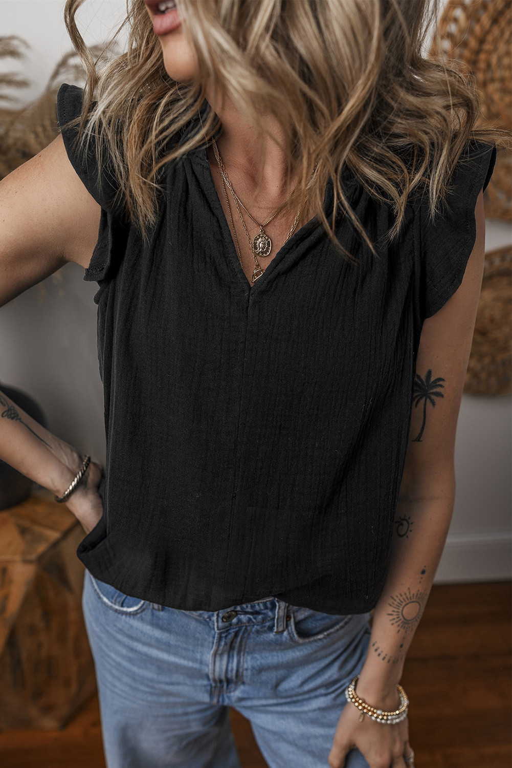Black Ruffle Shoulder V Neck Sleeveless Top