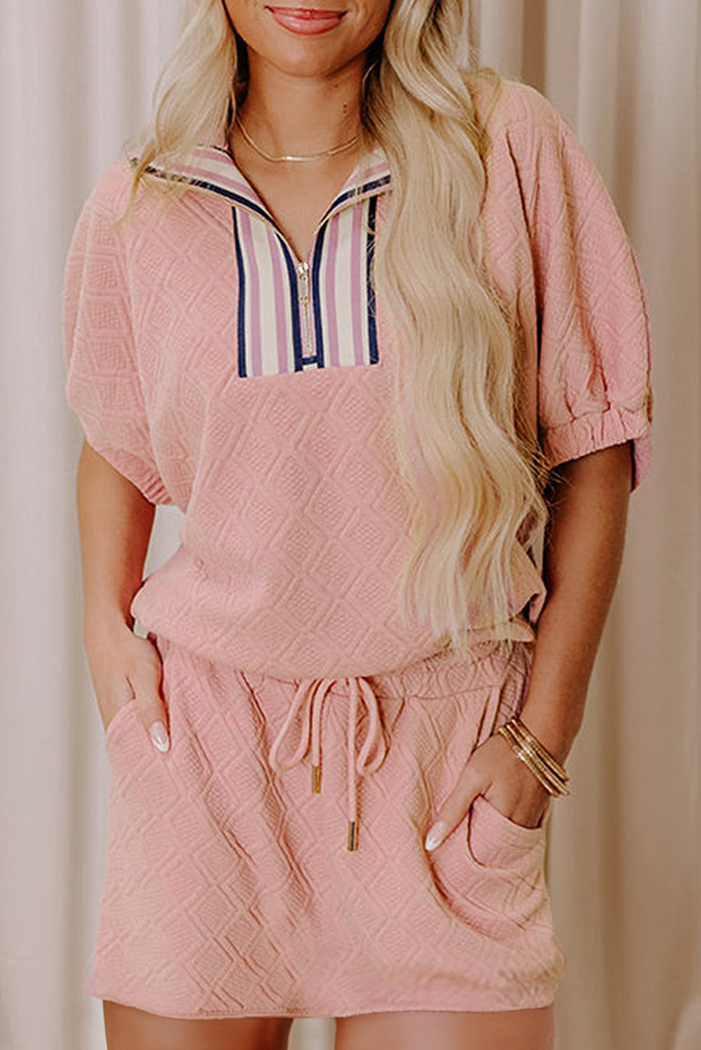 Light Pink Striped Pop of Color Collared Checkered Textured Shorts Set