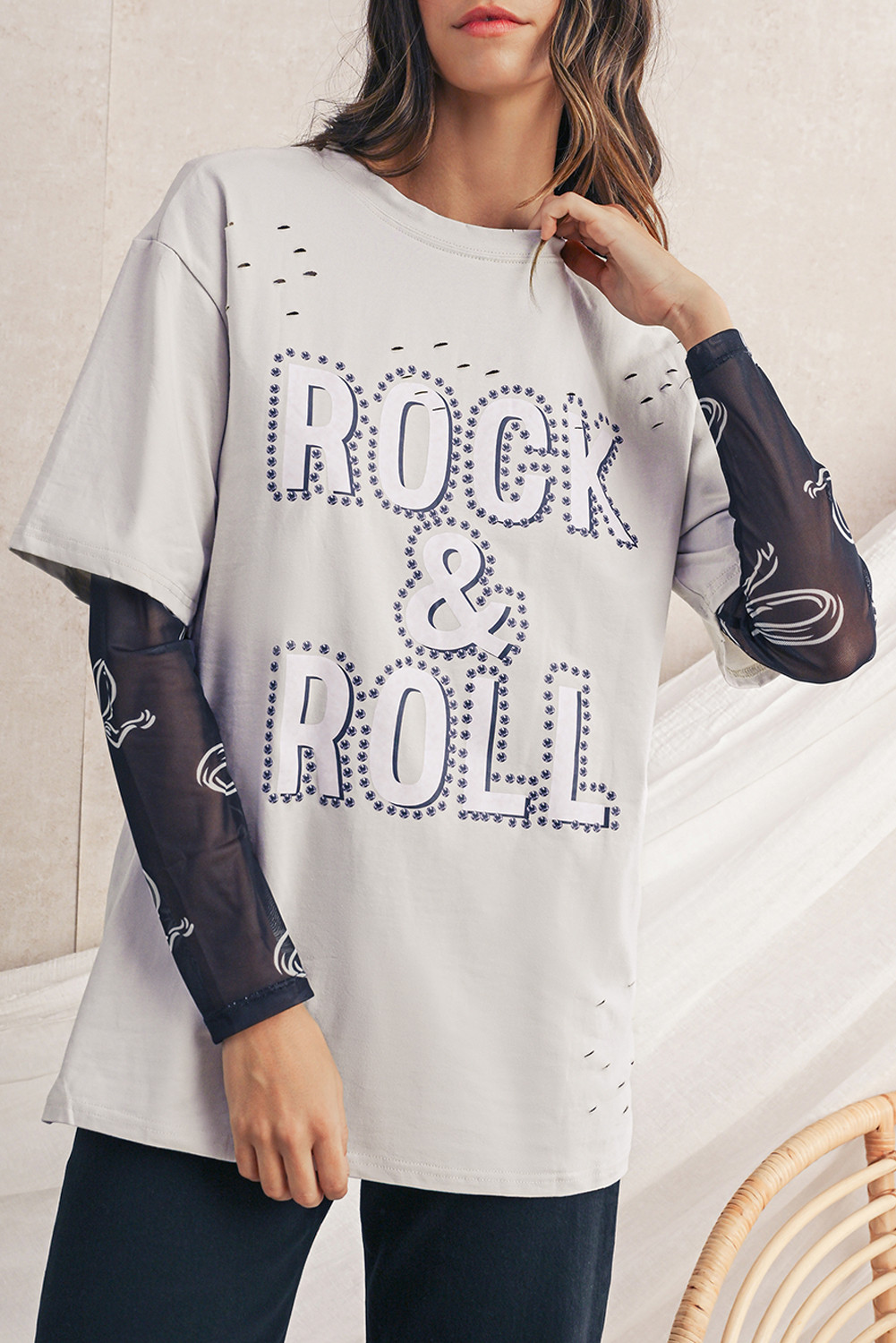 Gray Rock & Roll Graphic Ripped Oversized Tee