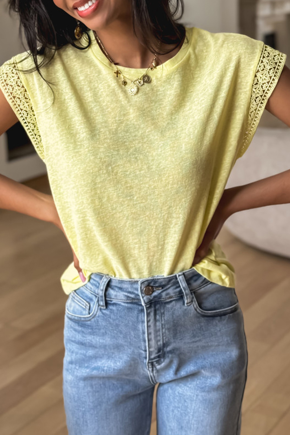 Shewin Wholesale CLOTHING Yellow Cream Lace Patchwork Cap Sleeve Round Neck Top