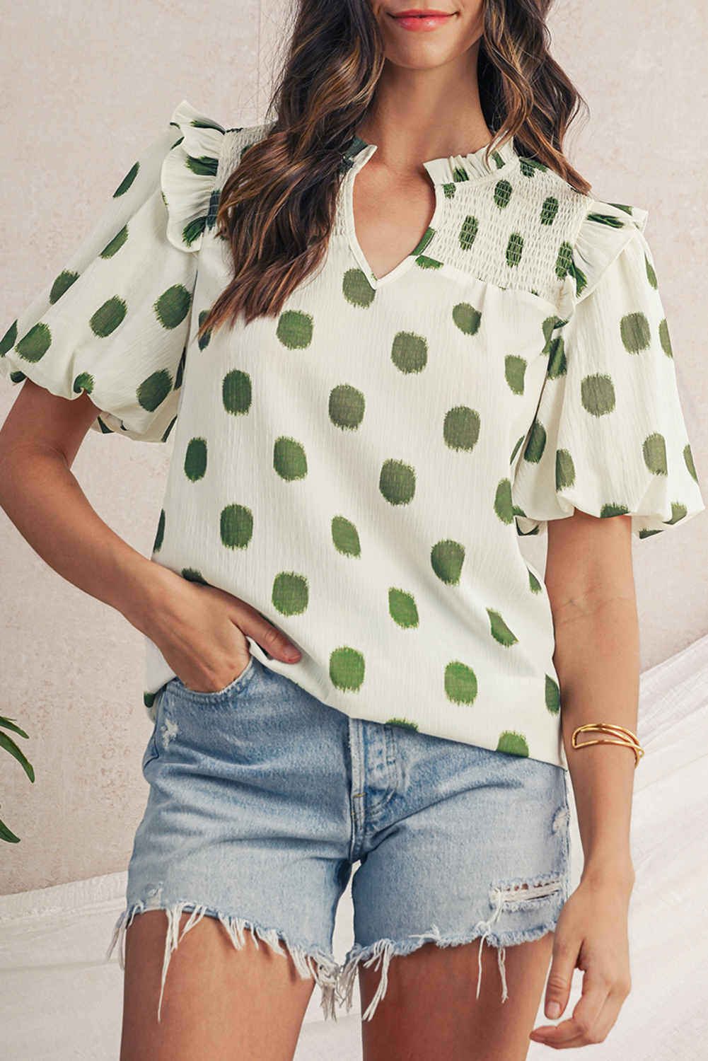 Shewin Wholesale Western Apricot Polka Dot Print Smocked Notched Neck BALLOON Sleeve Blouse