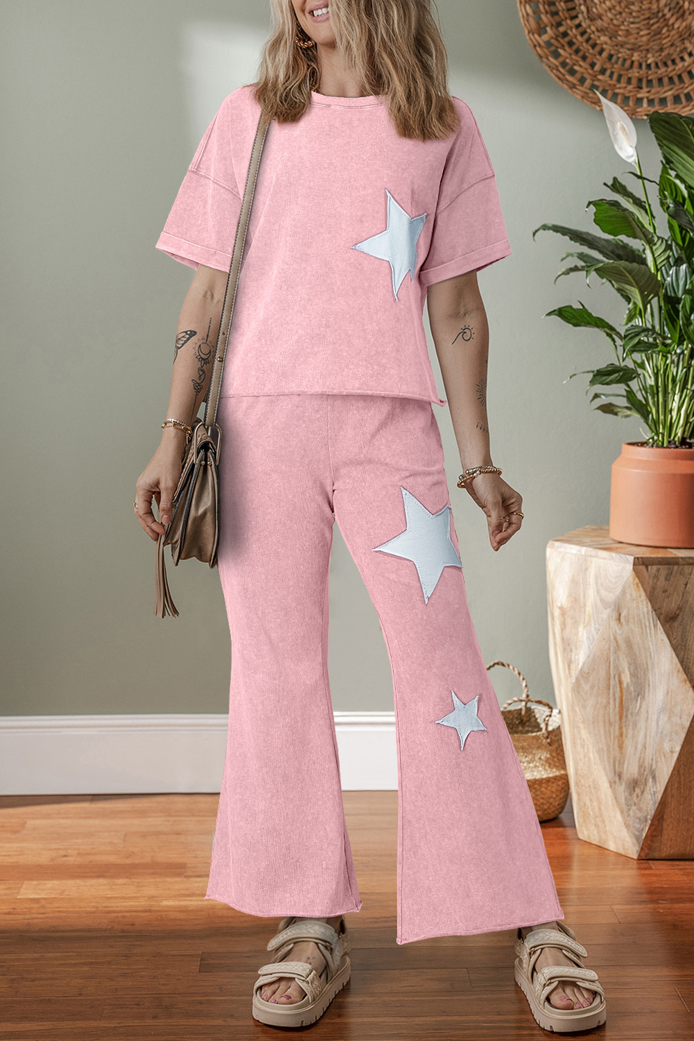 Light Pink Mineral Wash Star Patched Loose Pants Set