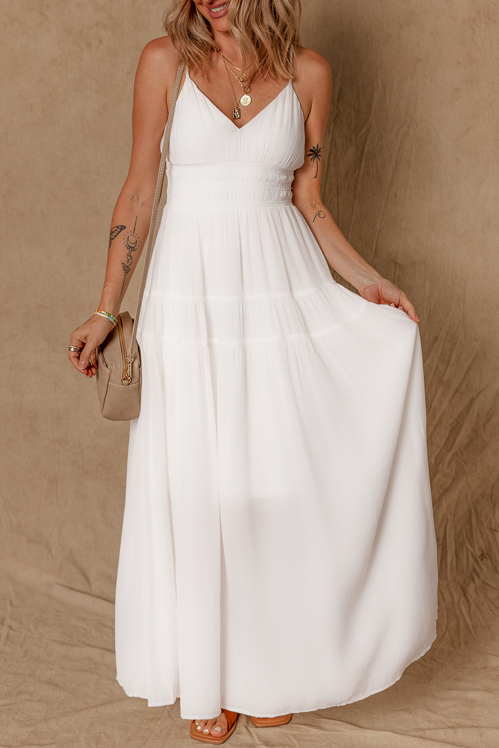 White Spaghetti Strap High Waist Elegant Maxi Dress
