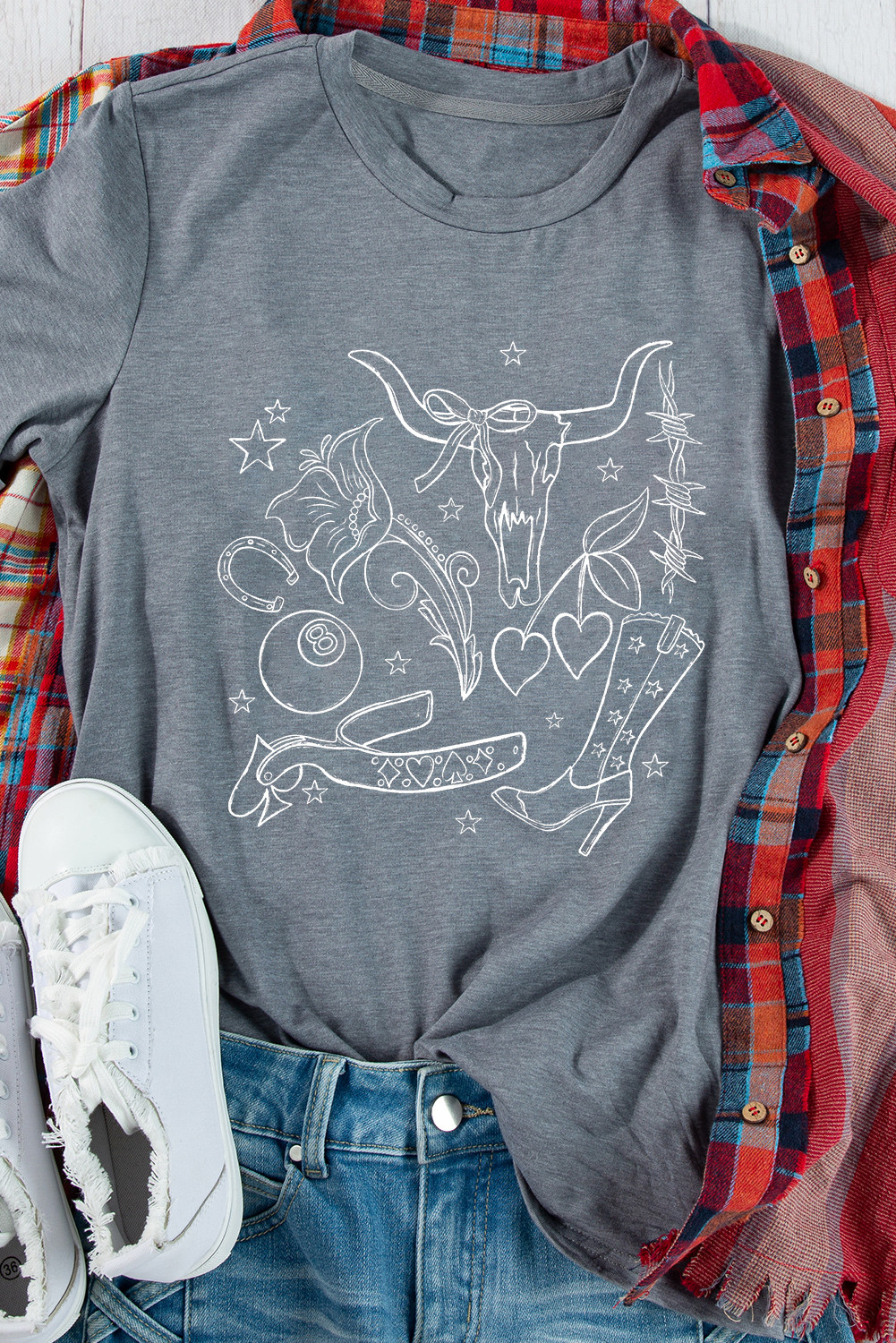 Gray Cowgirl Boots Bull Head Print Graphic Crewneck Tee