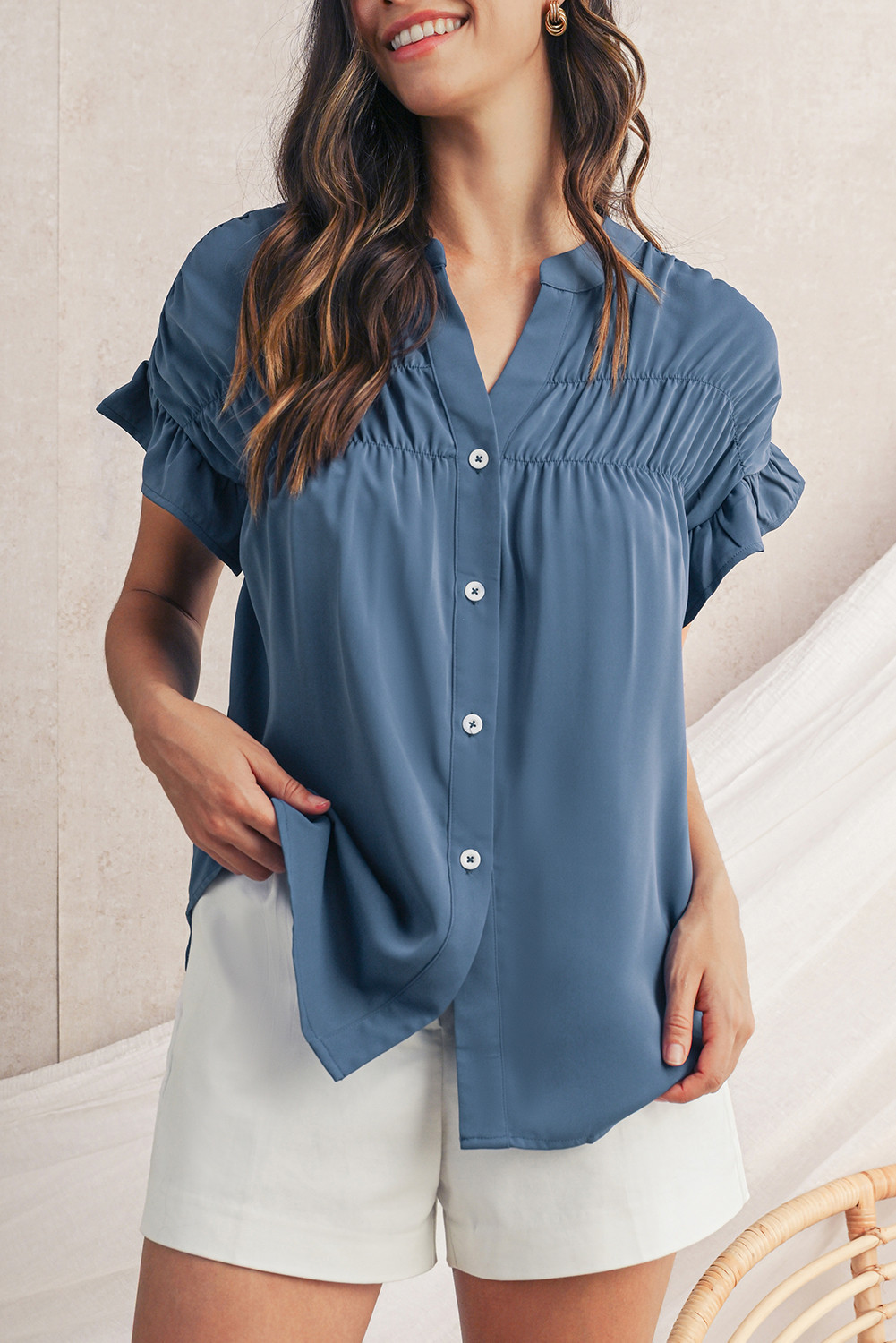 Real Teal Solid Color Ruffle Ruched Short Sleeve Buttoned Shirt