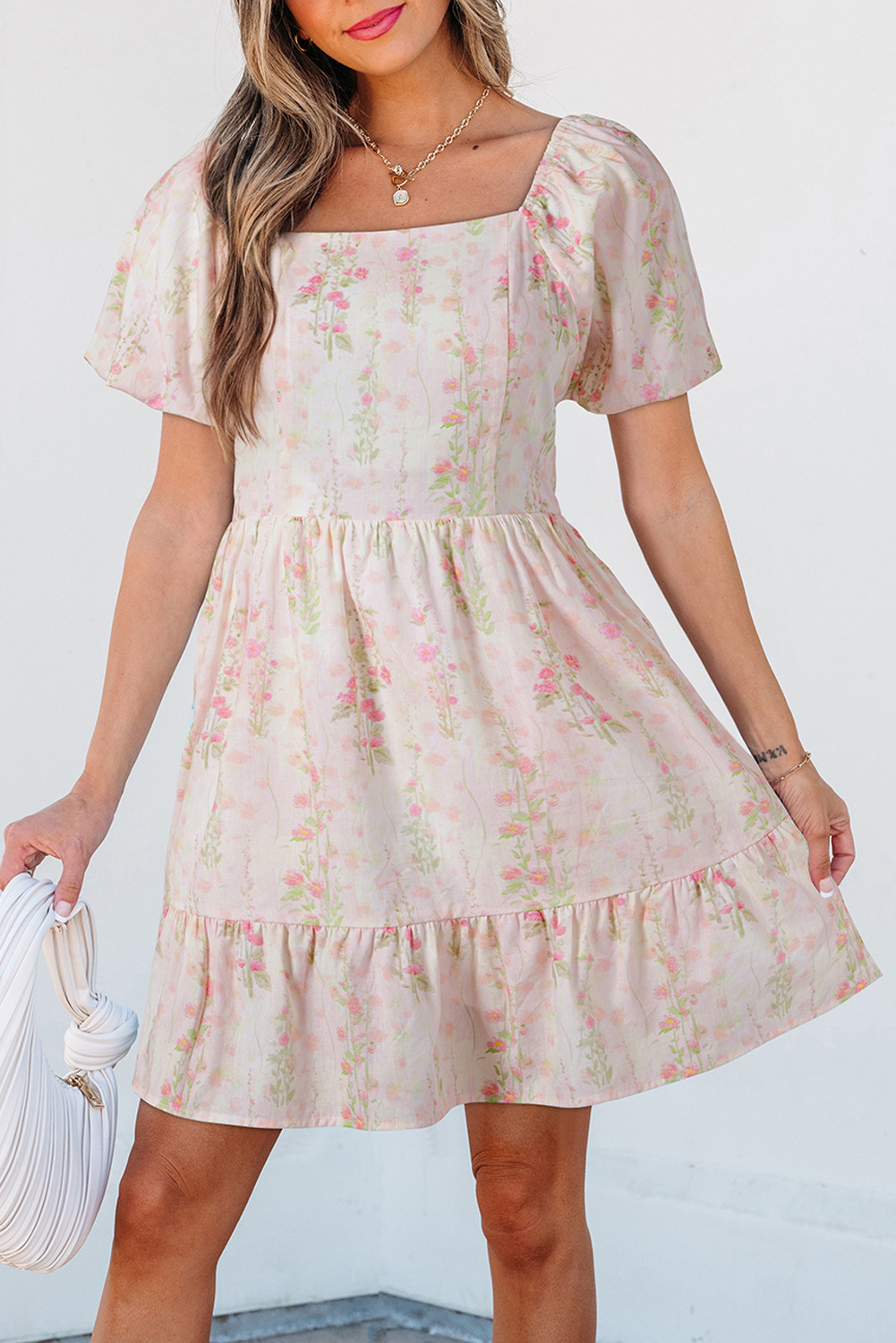 Pink Floral Puff Sleeve Square Neck Knotted Backless Ruffle Mini Dress