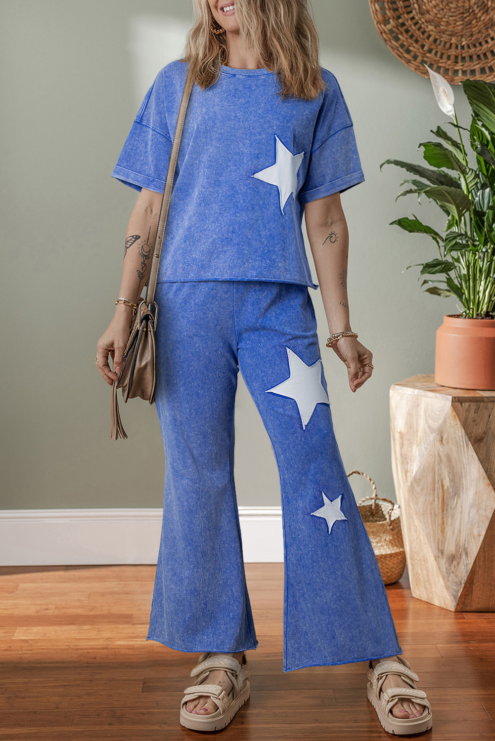 Ashleigh Blue Mineral Wash Star Patched Loose Pants Set