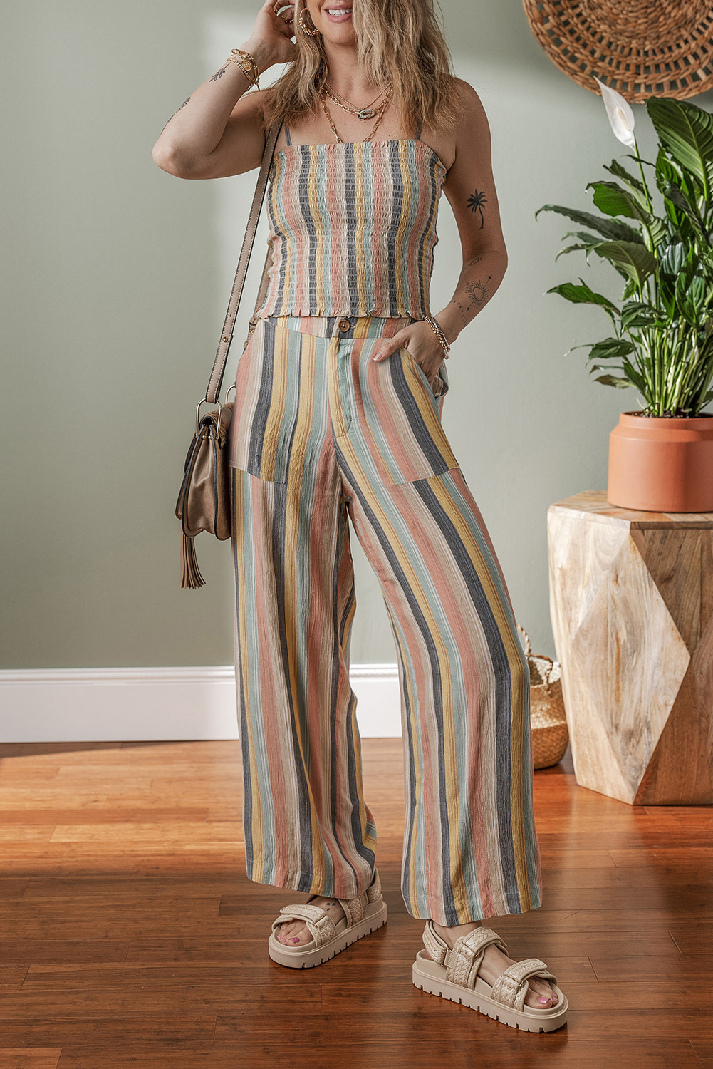 Multicolour Vertical Striped Smocked Cami Top and Wide Leg Pants Set