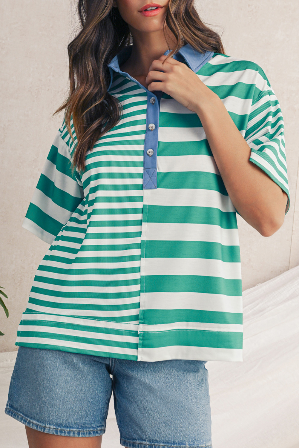 Green Stripe Colorblock Collar Half Buttons T Shirt
