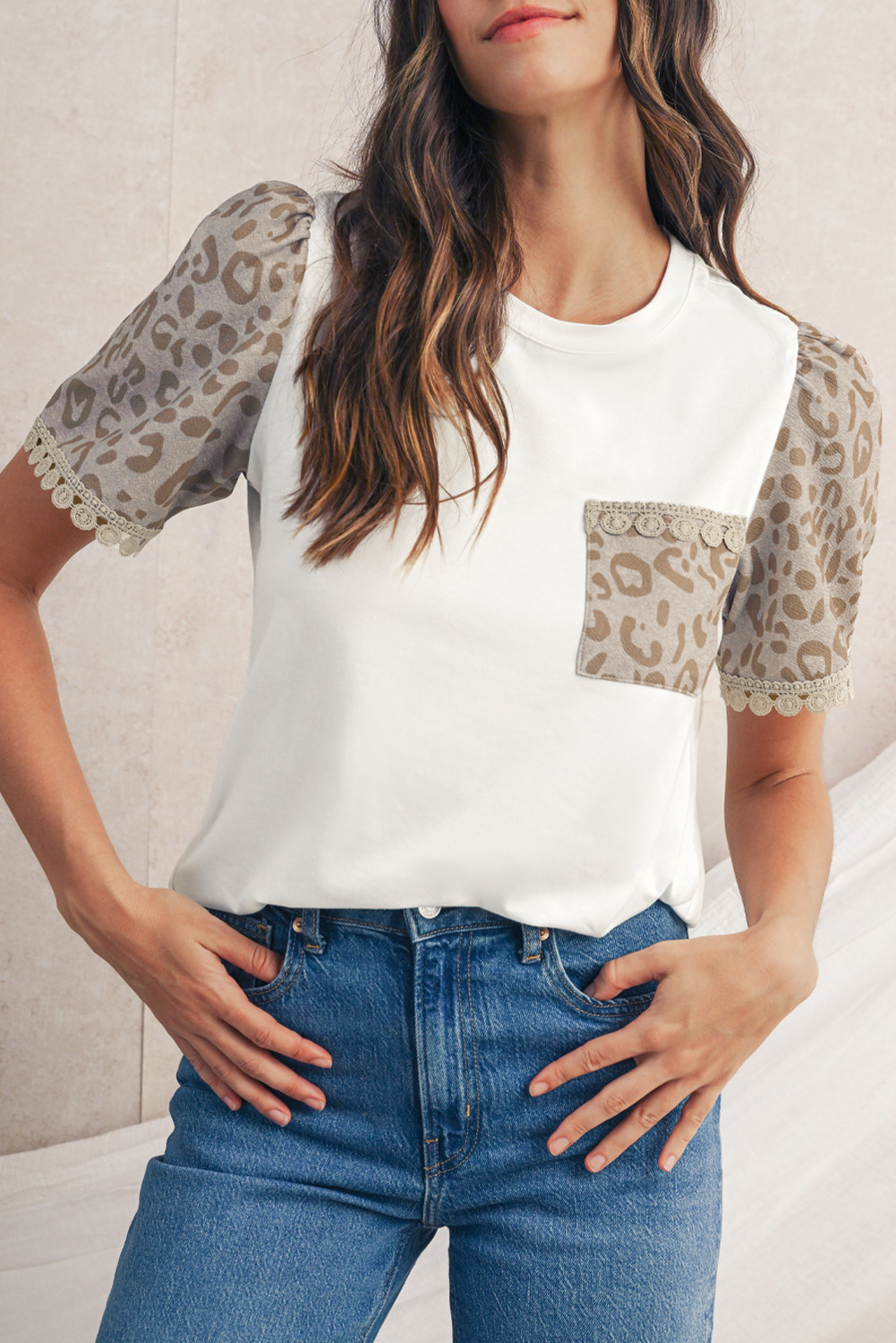 White Leopard Patchwork Crochet Lace Trim Puff Sleeve T Shirt