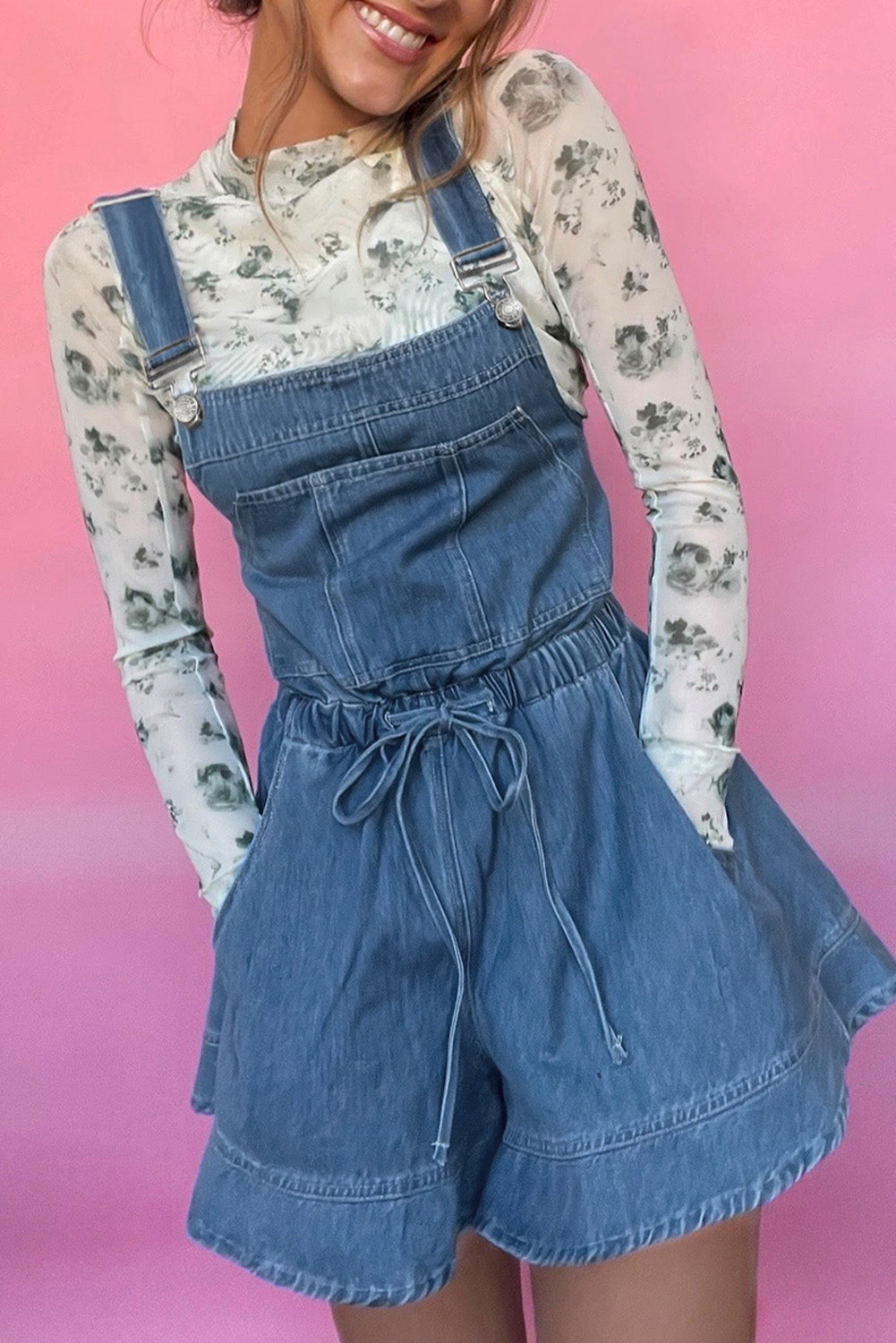 Sky Blue Buckle Straps Bib Backless Flared Denim Romper