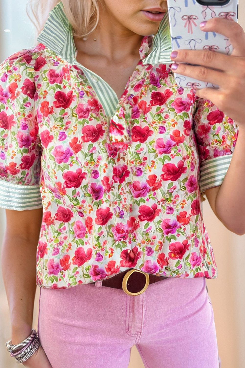 Red Floral Print Striped Patchwork Collared Blouse