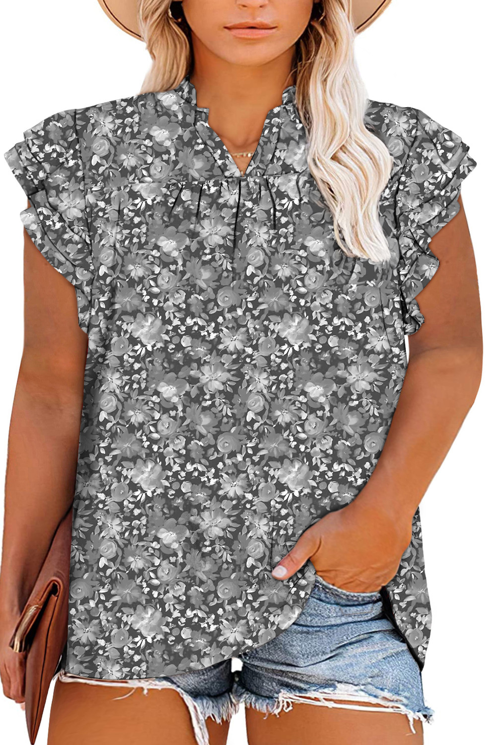 Black Floral Print Ruffle Sleeve Plus Size Shift Top