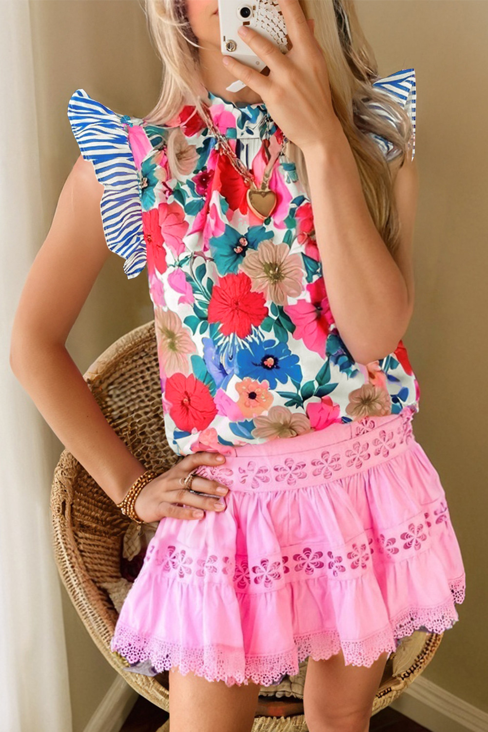 Sky Blue Floral Mock Neck Striped Ruffle Blouse