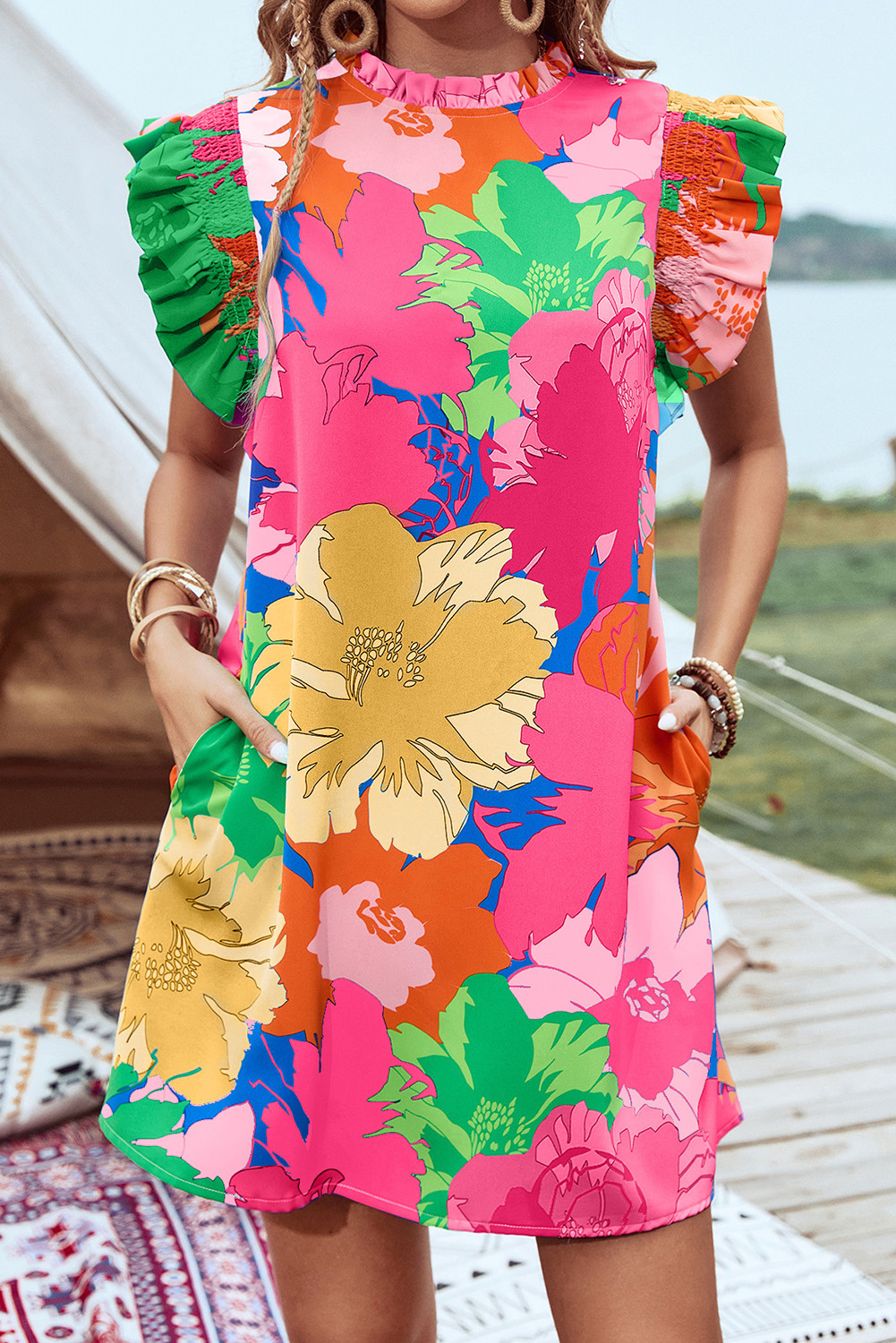 Pink Floral Print Flutter Sleeve Pockets Mini Dress