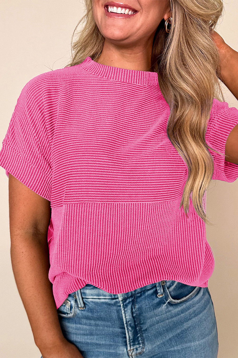 Bright Pink Plain Corded Mock Neck T Shirt