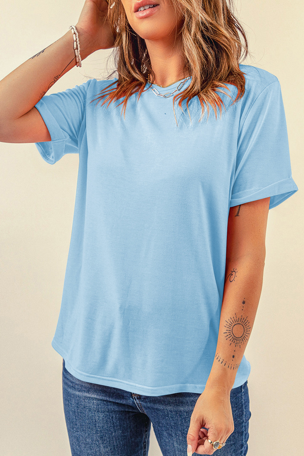 Light Blue Solid Color Basic Crew Neck Tee