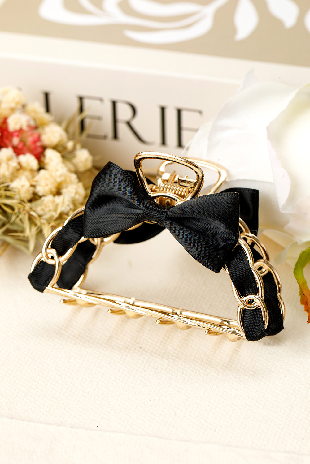 Black Ribbon Bow Detail Contrast Alloy Hair Claw Clip