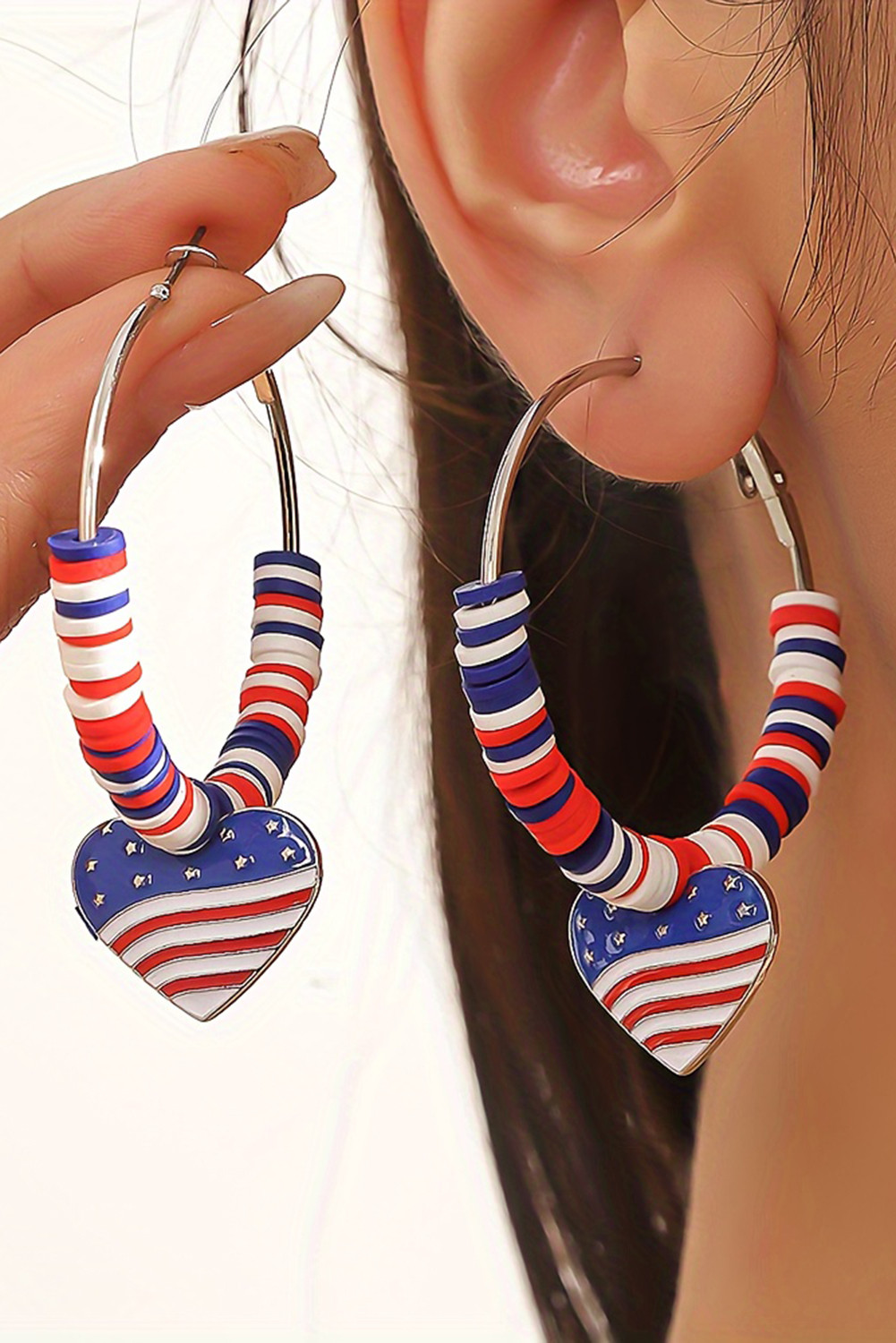 Silvery American Flag Heart Pendant Hoop Earrings