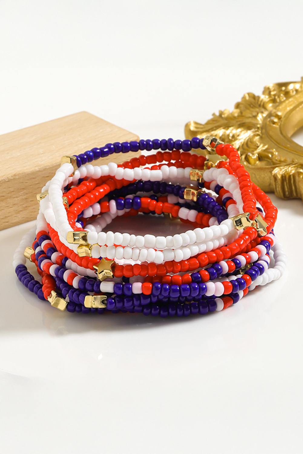 Dark Blue American Flag Star Beaded Bracelet Set