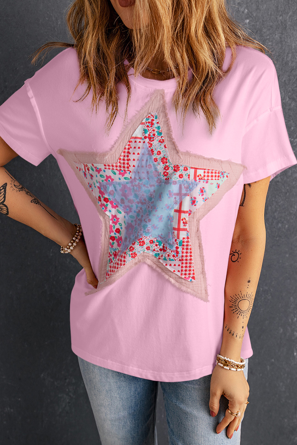 Shewin WhoLesaLe Vendors Pink Vibrant Star Patchwork Loose T-shirt