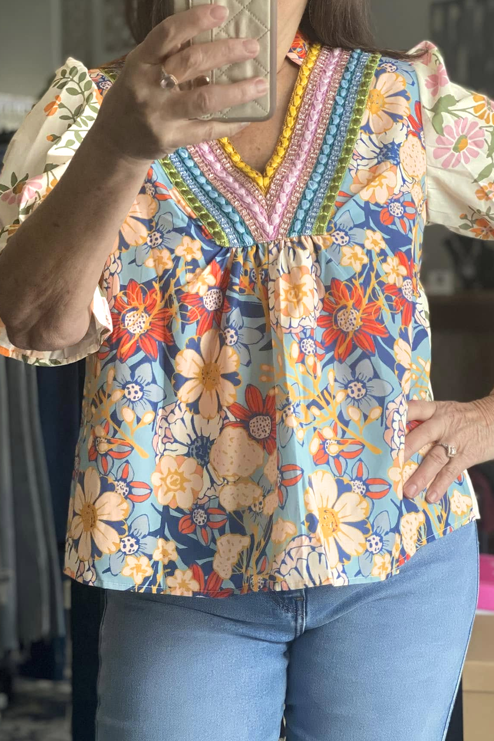 Multicolour Boho Floral V-Neck Plus Size Puff Sleeve Blouse