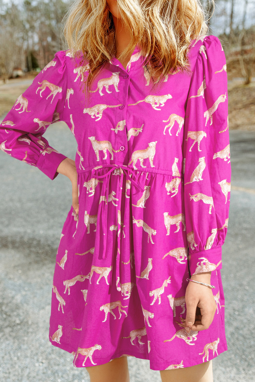 Rose Cheetah Print Side Pockets Drawstring Mini Shirt Dress