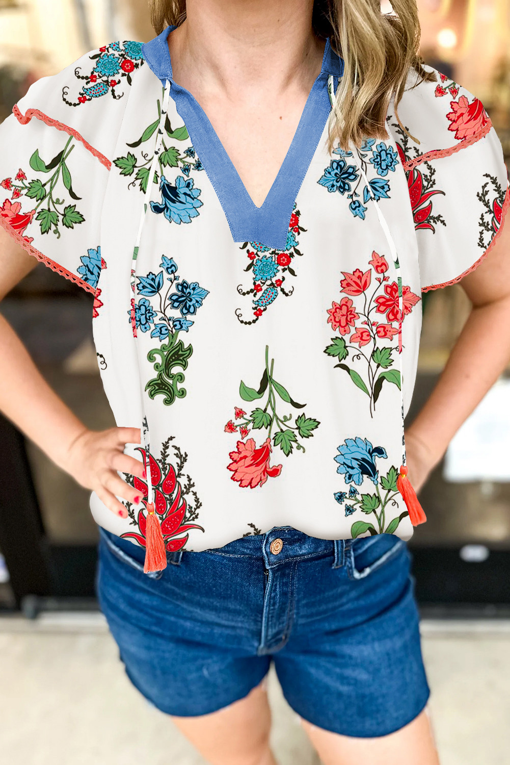 White Floral Tassel Tie V-Neck Lace Trim Ruffle Blouse