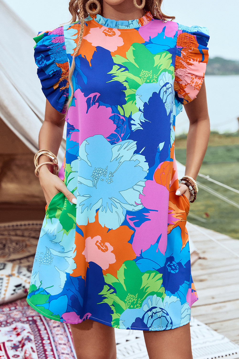 Blue Floral Print Flutter Sleeve Pockets Mini Dress