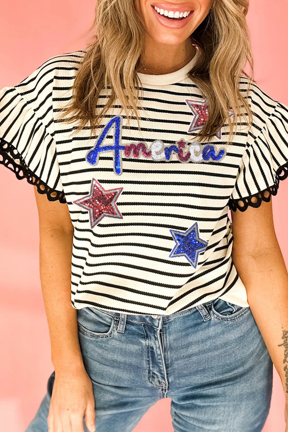 Black Stripe Sequin America Star Graphic Ric Rac Flutter Sleeve Blouse