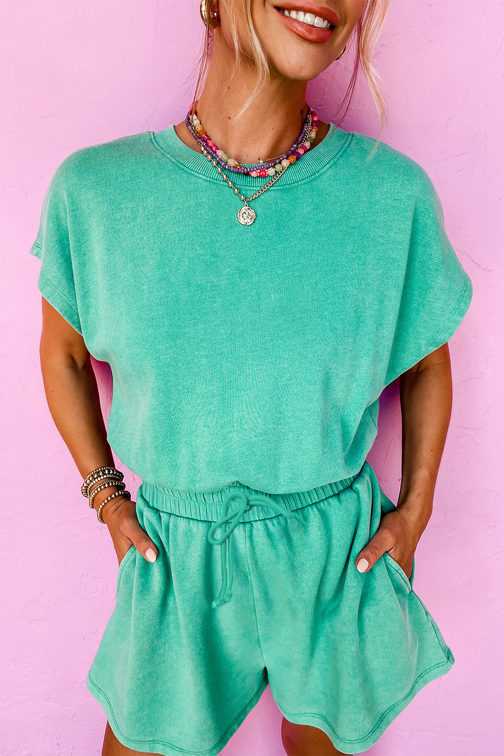 Sea Green Drawstring Waist Backless Short Sleeve Romper