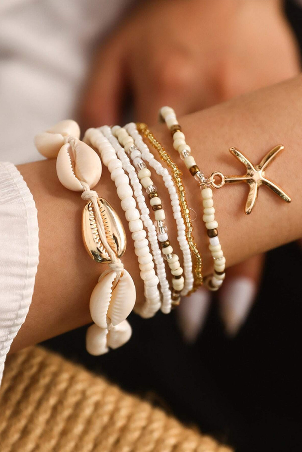 White Shell Starfish Beaded Bracelet Set