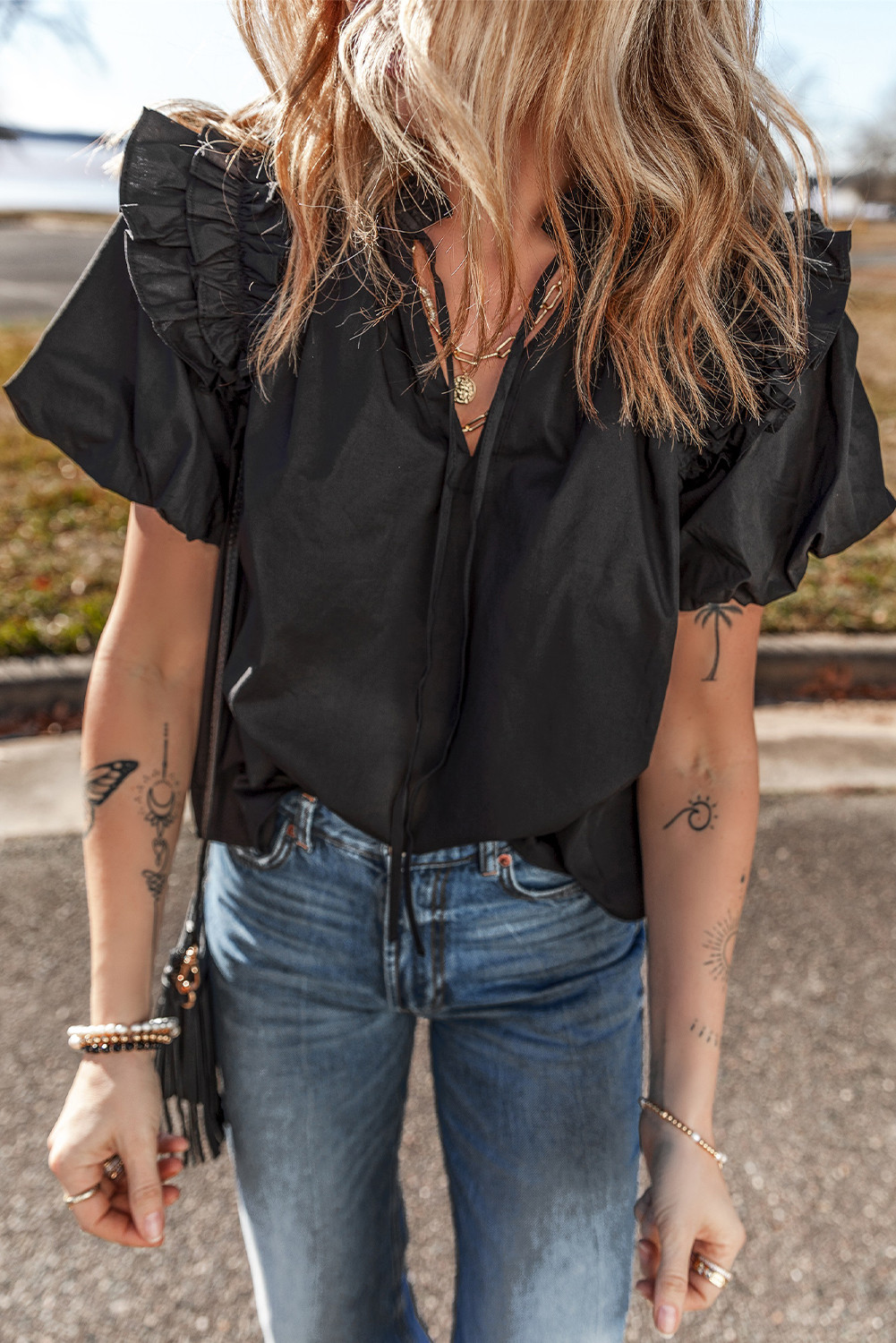 Black V Neck Ruffle Puff Short Sleeve Loose Blouse