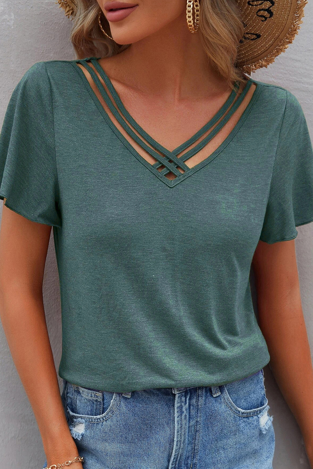 Mist Green Crisscross V Neck Flutter Sleeve T Shirt