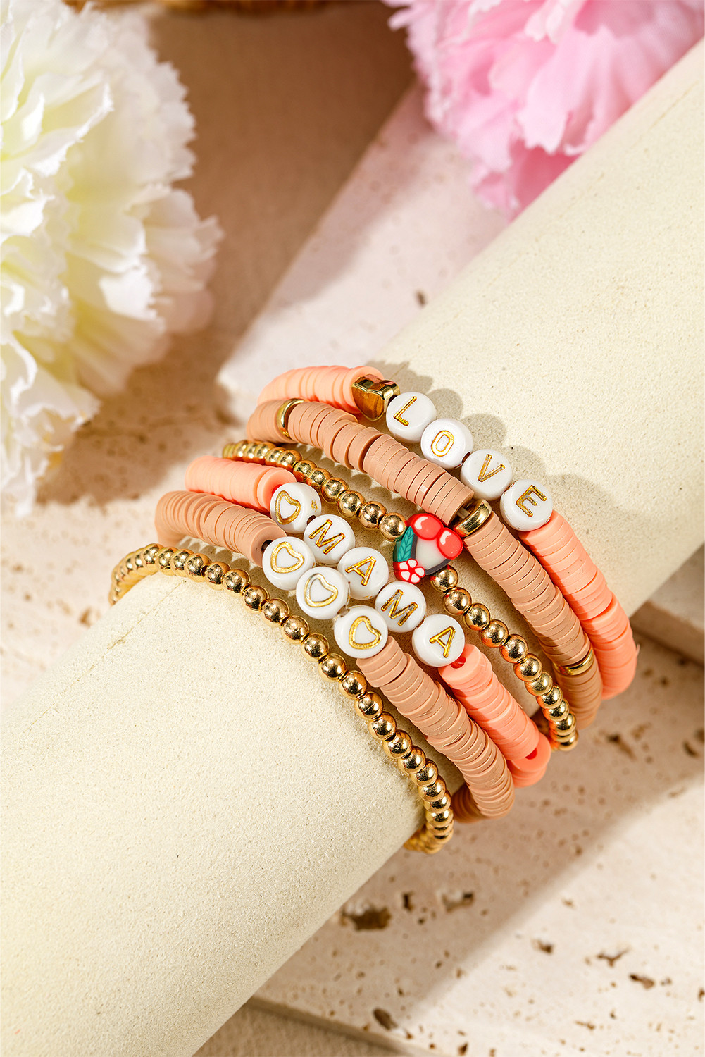 Gold LOVE MOM Letter Beaded Bracelet Set