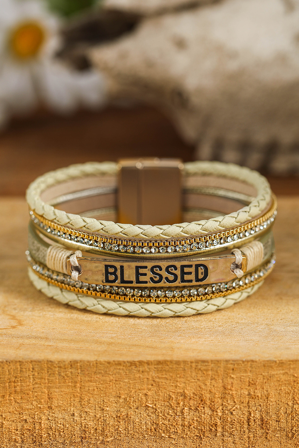 Beige BLESSED Rhinestone Leather Layered Bracelet