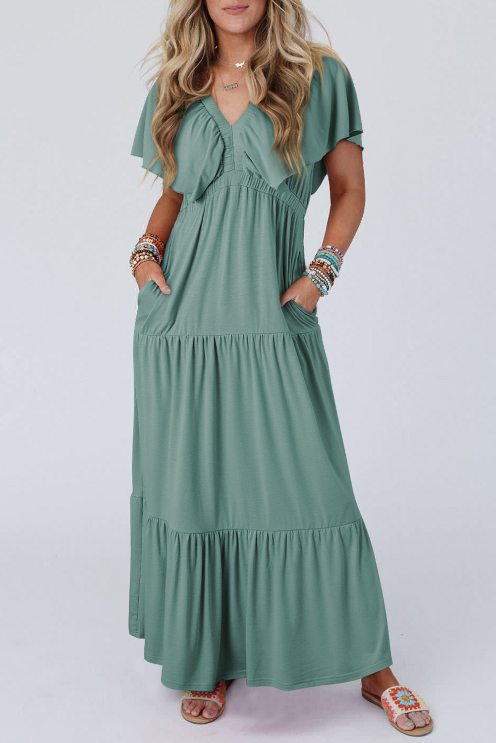 Blackish Green Textured V Neck Flutter Sleeve Ruffled Maxi Dress