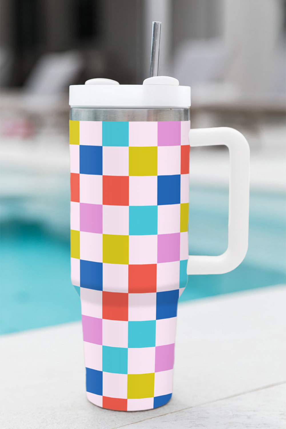 White Colorful Checkered Print Tumbler Cup