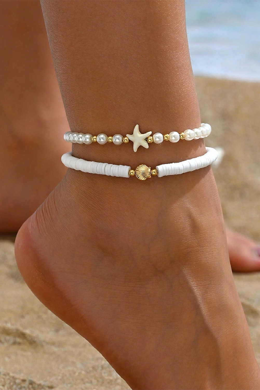 White Shell Starfish Beaded Anklet 2Pcs