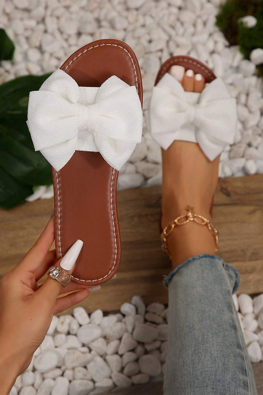 Shewin Wholesale Summer White Bow Decor Flat Slippers