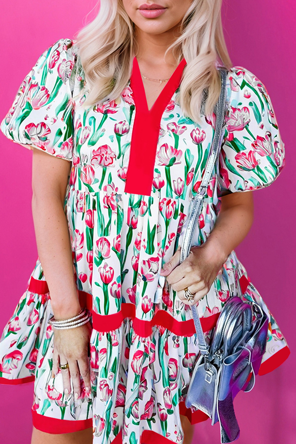 Pink Floral Print Bubble Sleeve Babydoll Pop of Color Neckline Dress