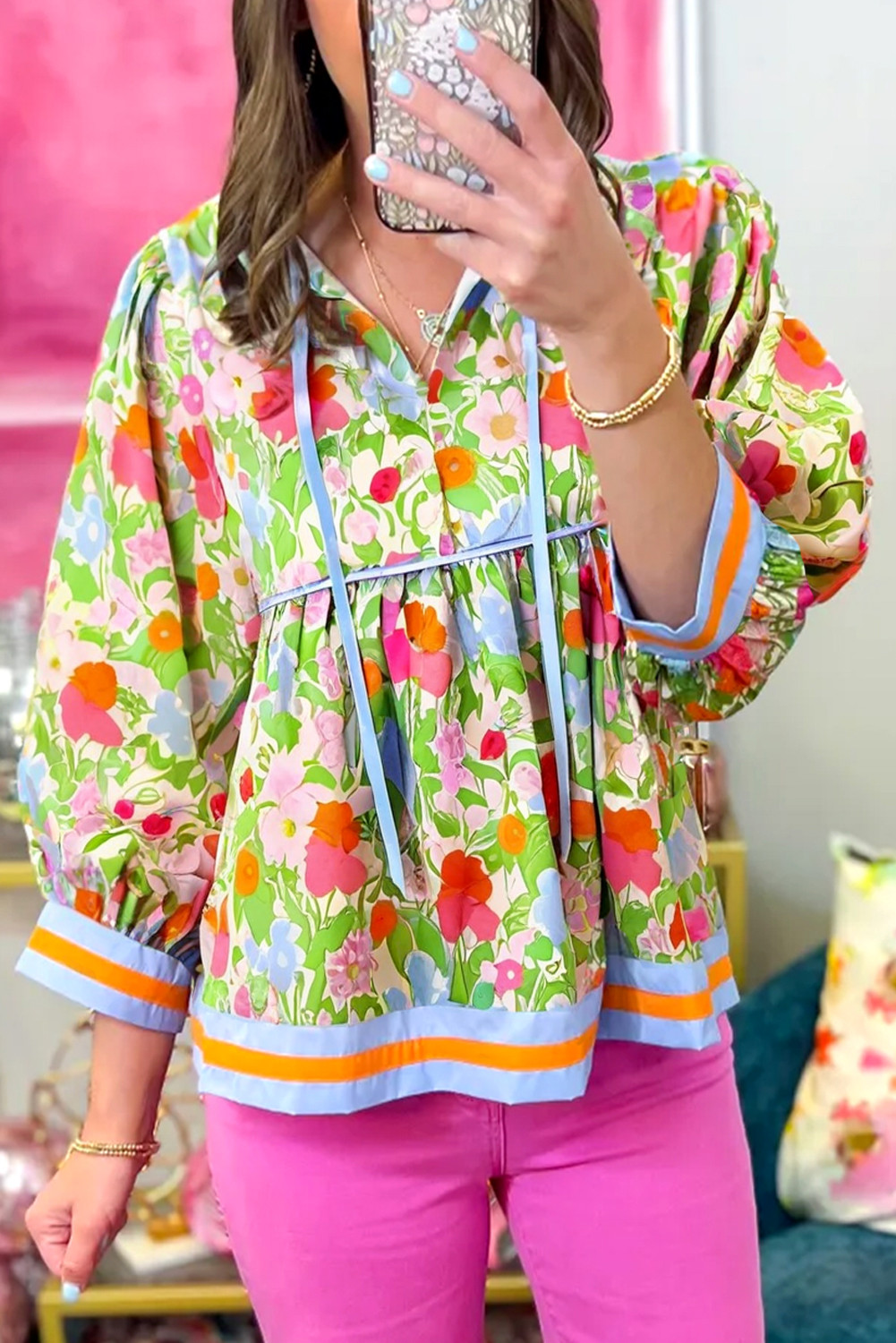 Green Floral Print Striped Trim Puff Sleeve Babydoll Blouse