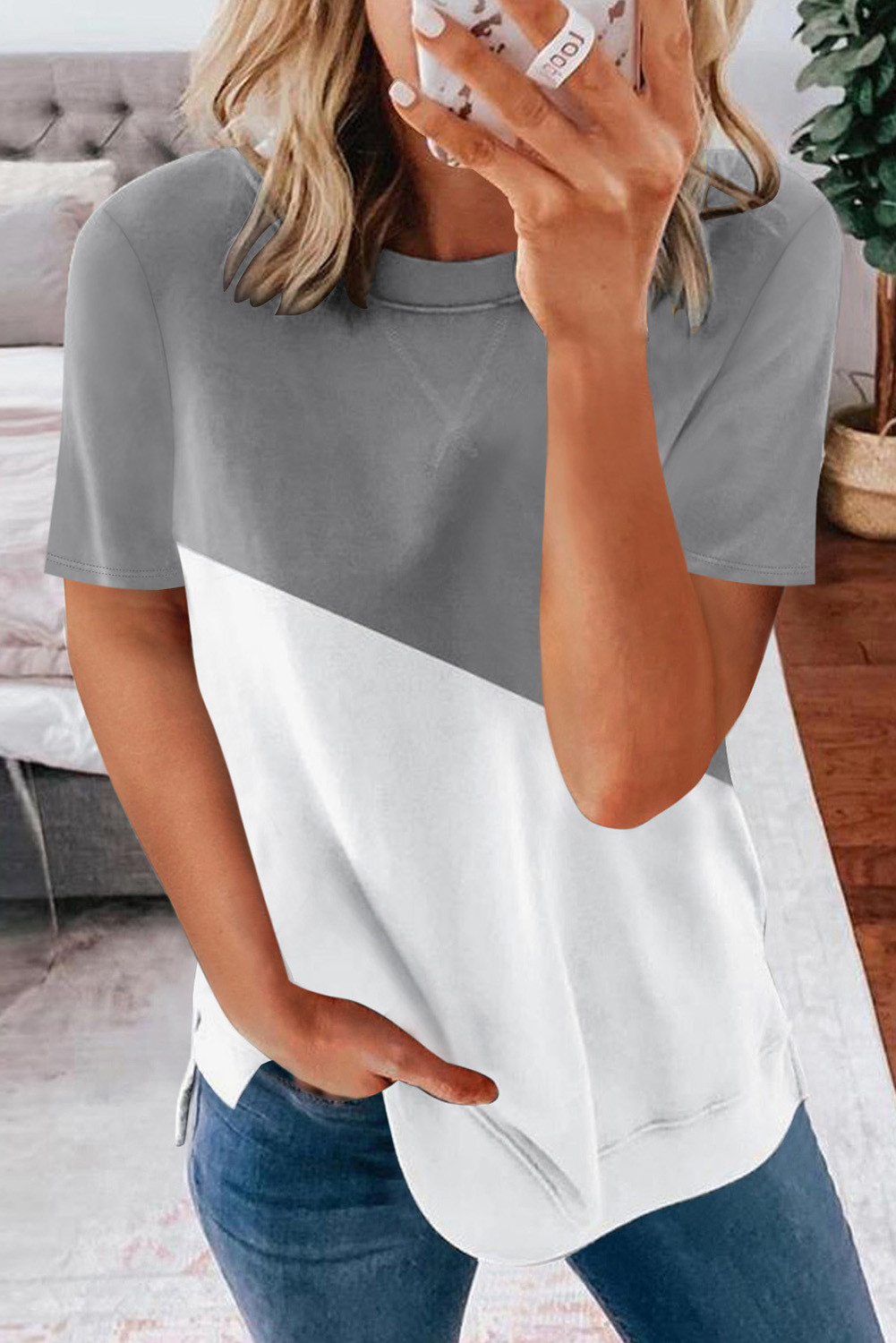 Gray Crew Neck Colorblock Tee