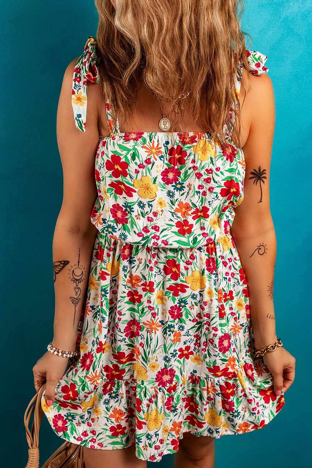 Red Floral Print Knotted Strap Cinched Waist Ruffle Hem Mini Dress