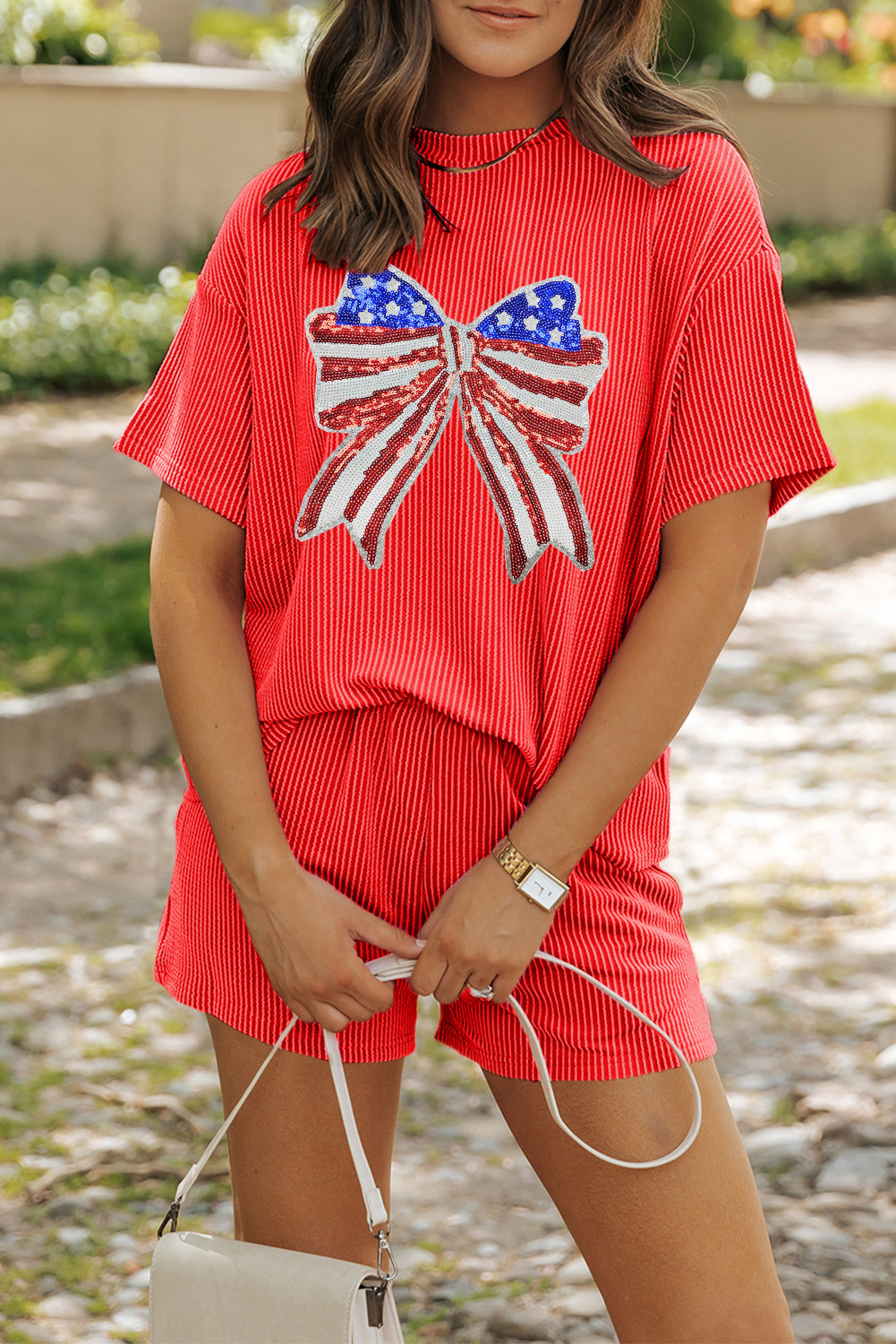 Orange Sequin American Flag Bow Graphic Ribbed Tee and Shorts Set