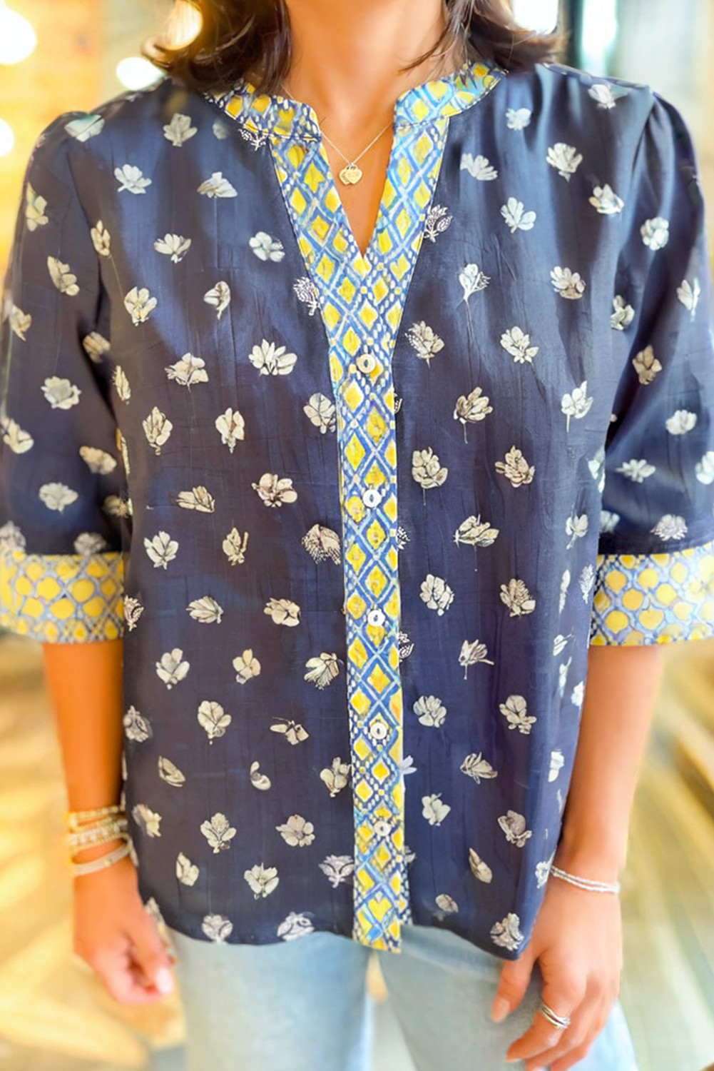 Blue Floral Print Pop of Color V Neck Patchwork Blouse